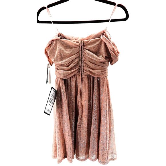 CITY STUDIO sz 7 pink blush silver ruched off shoulder mini dress NWT B89 - Picture 2 of 7